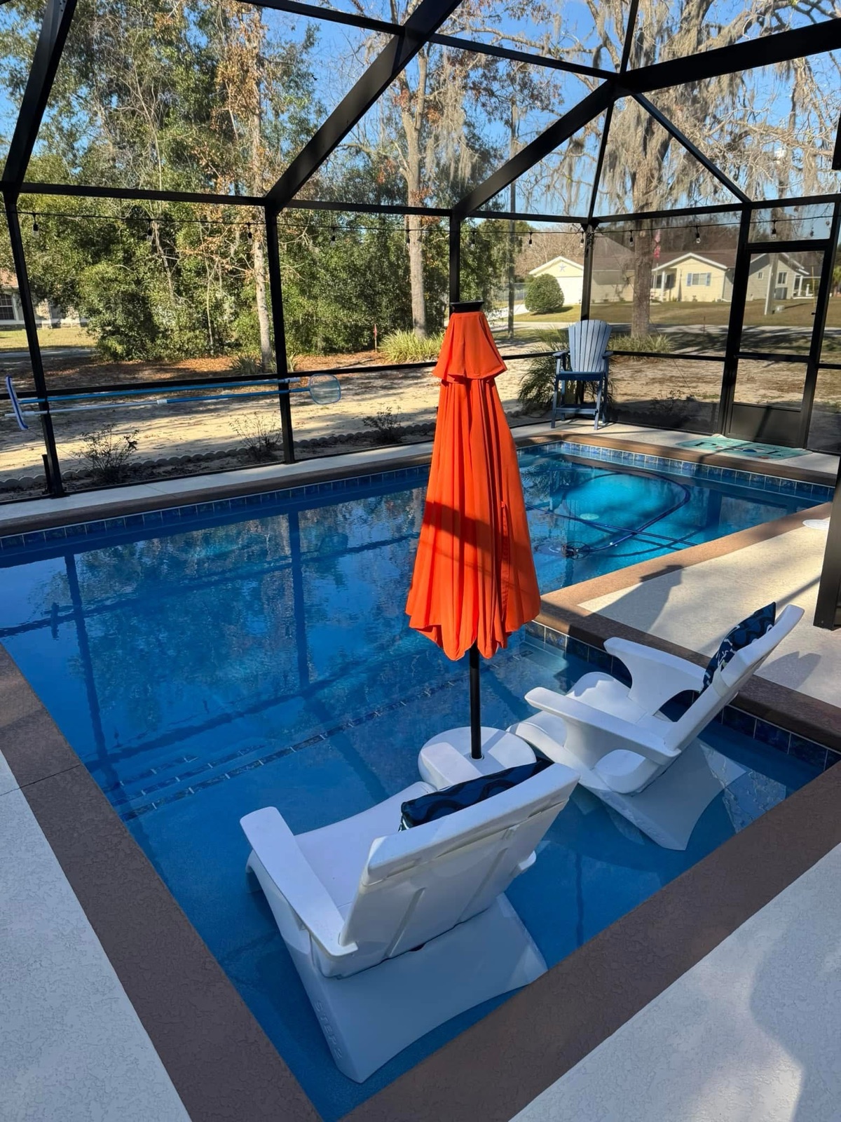 Finished screened pool with sun shelf loungers and umbrella