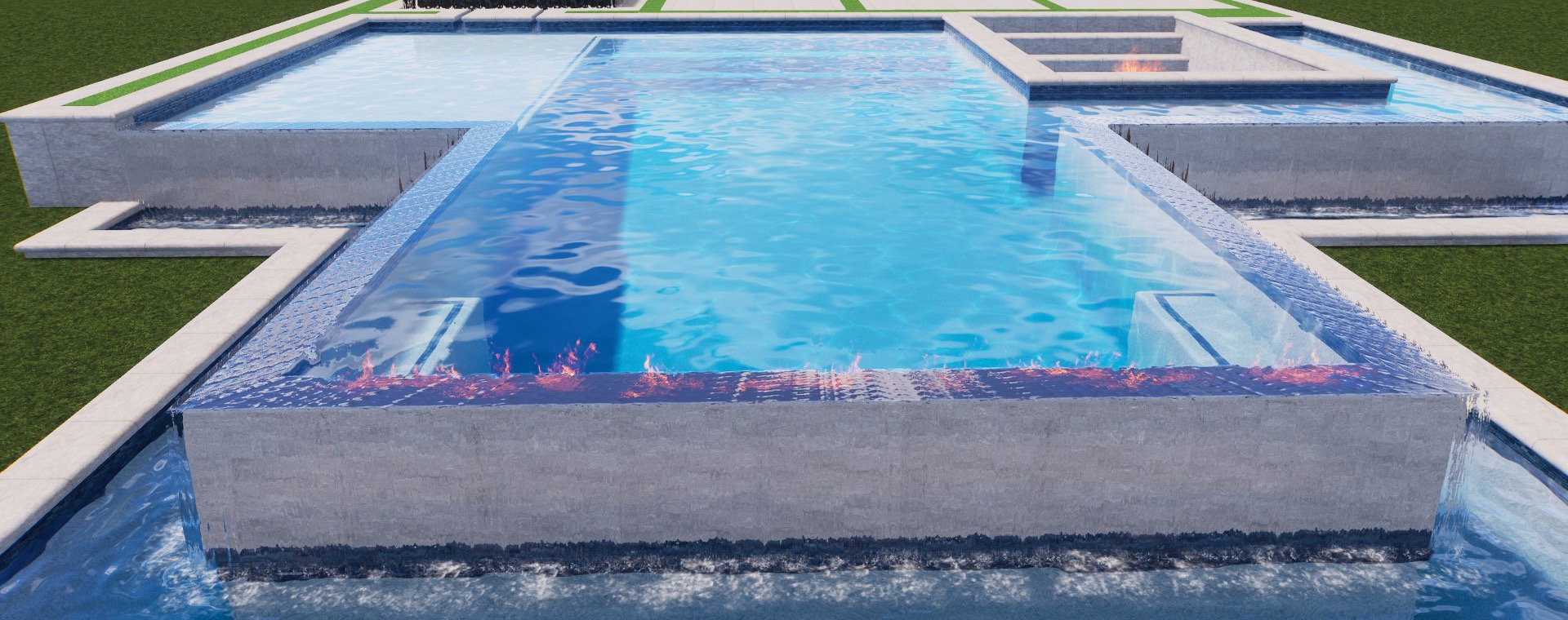 3D pool rendering showing a raised spa, fire feature, and water movement